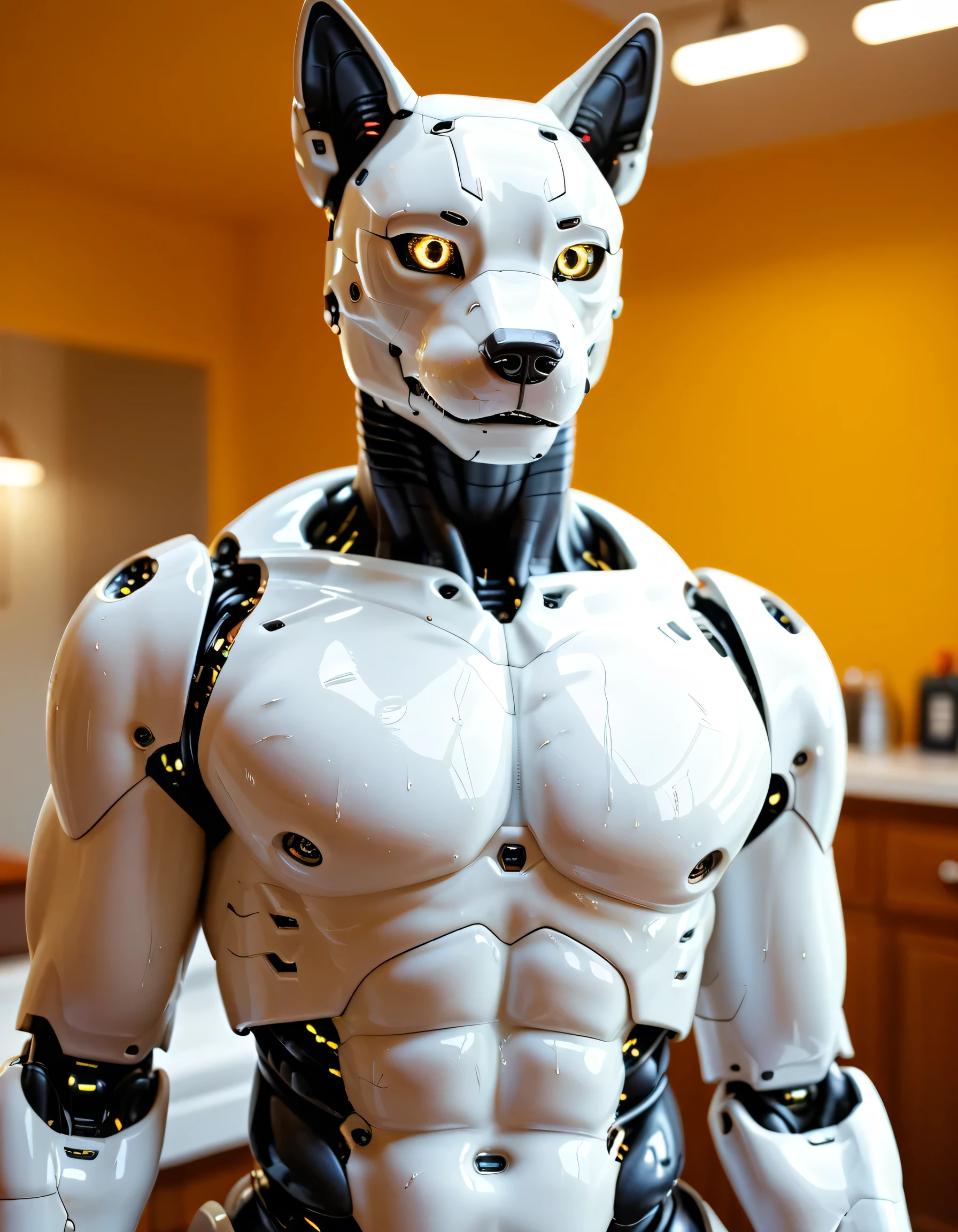 (anthropomorphic wolf),glowing yellow eyes,white skin,(robot body), sweaty,8k highly detailed, ultra detailed , high quality photorealism, detailed unblurred, ultra realistic details,muscular build,Shoot wide with a wide-angle lens,