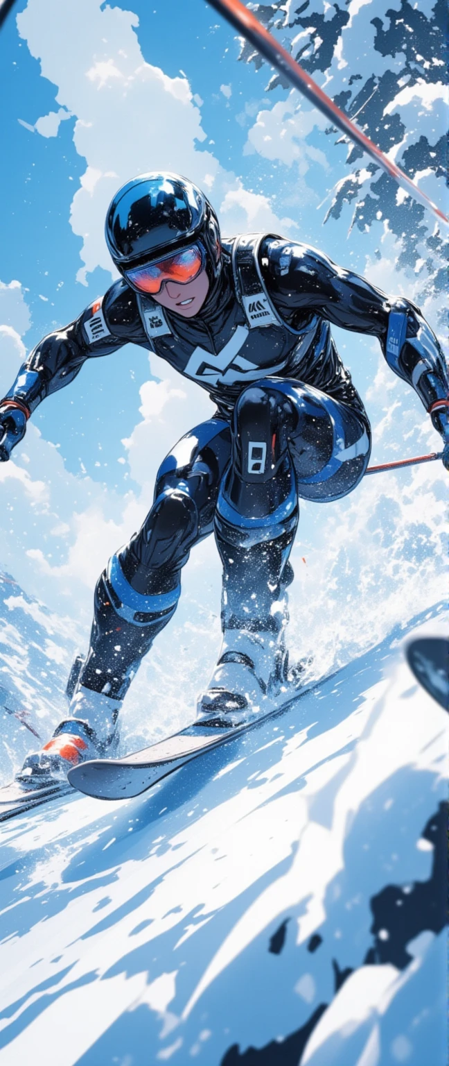 2comic panels, dynamic Ski Sprint scene, jump in the air, snow splash, motion blur, beautiful, realistic, close up shot from below.stylish,cool,speedy,high speed,Hong Kong action cinema style