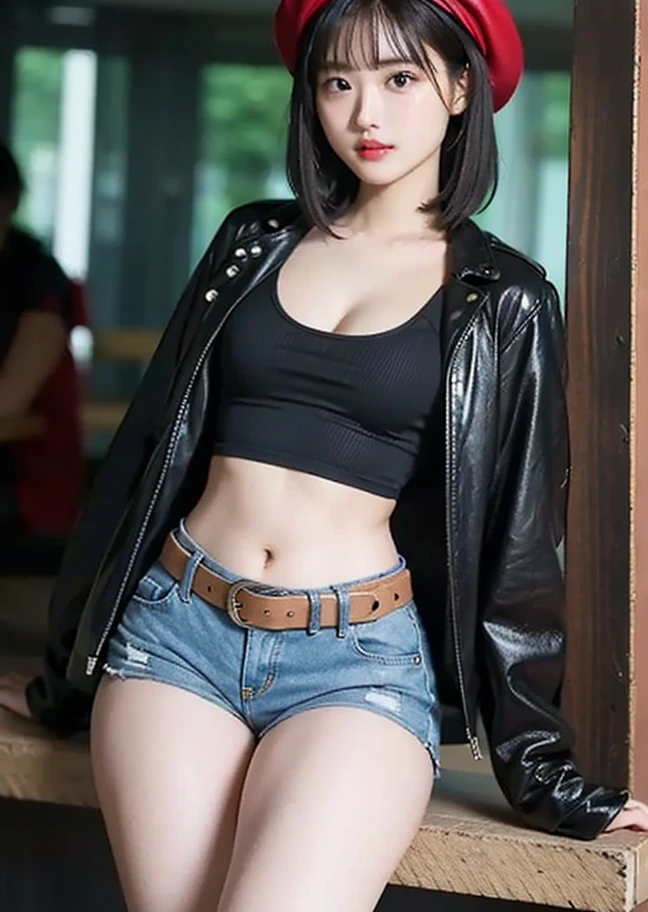   Innocent Idol Girl （ shiny short hair）、 thick legs、leather short jacket with screws（Shiny Red）、Cool belt、thin tight tank top、Small cleavage、Show your belly button、Good style、 open legs、 red hair、 short bob、 Wearing a Beret 、