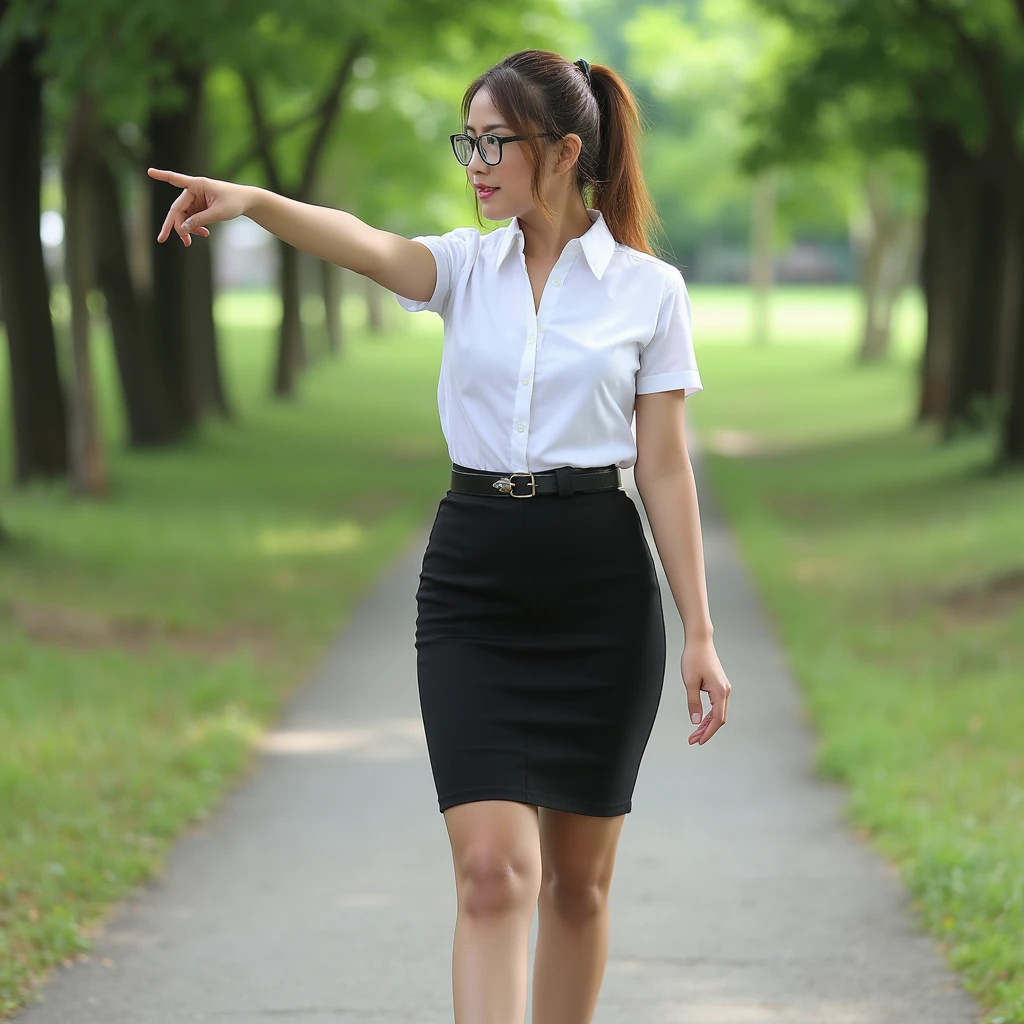 Fullbody photo, Masterpiece High Quality Photo Masterpiece High Resolution Realistic Photorealistic Sexy Pose Portrait Realistic Photography. A beautiful Thai woman with a good figure, about 181 cm tall, wearing glasses. She has a ponytail and a small lock of hair in the front. She is wearing a fitted wearing a black pencil skirt and belt, wearing a white shirt short sleeves six white buttons, and sneakers. Pointing gesture with the finger pointing to the left, She is walking on a by the footpath in University of Thailand.