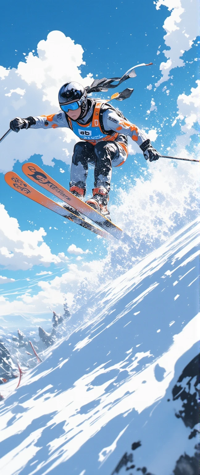 2comic panels, dynamic Ski Sprint scene, jump in the air, snow splash, motion blur, beautiful, realistic, close up shot from below.stylish,cool,speedy,high speed,Hong Kong action cinema style