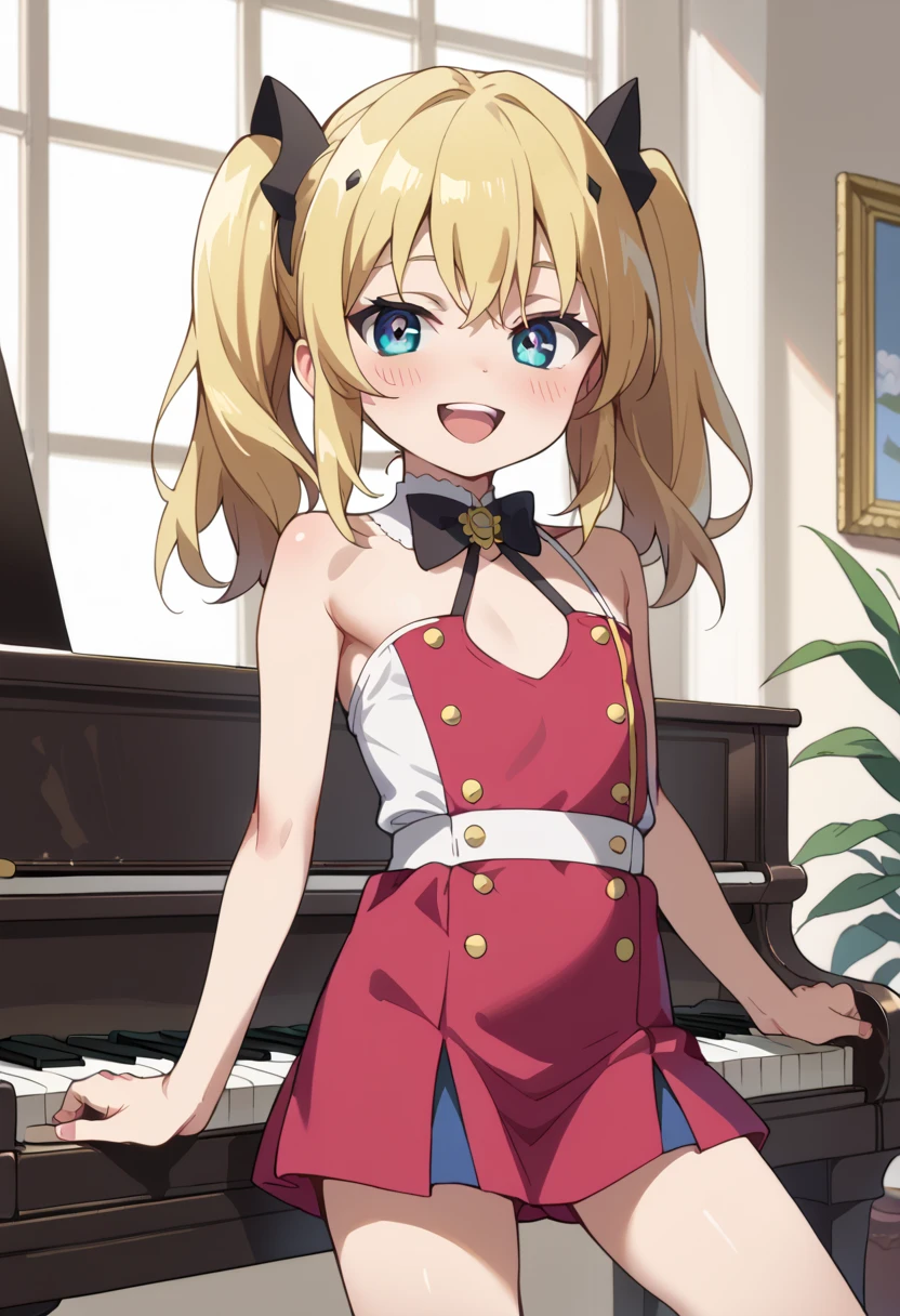 (( top quality)), ((masterpiece)), (be familiar with),  perfect face, indoor, bedroom, looking at the viewer,
One woman, Krull Tepesi ,
 open mouth,  ecstatic expression beside the piano, blush, smile,
 small ,  flat chested, Young girl, Lori,  ,  girl,
 long hair,  twin tails,
Leg spread,