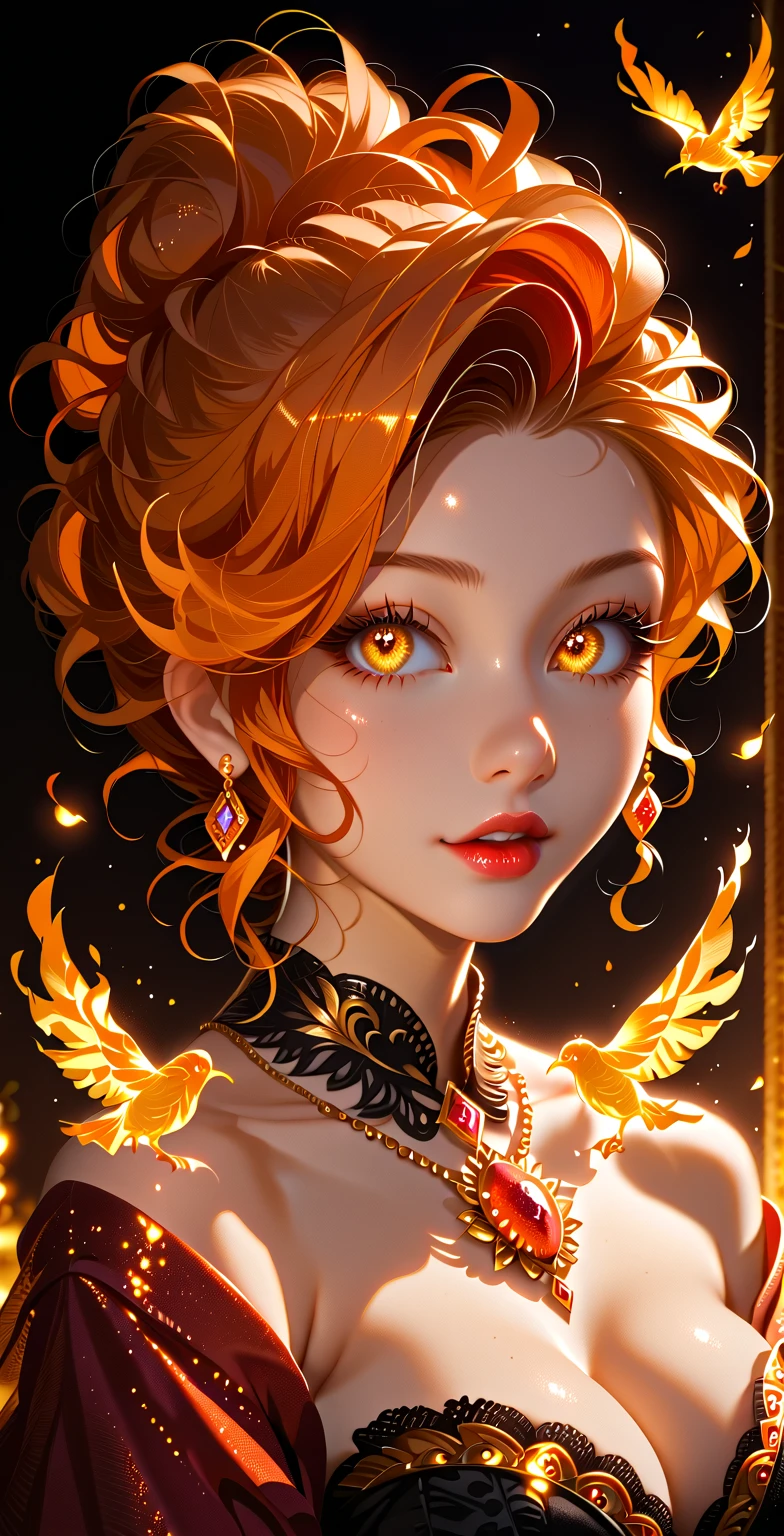 This is a realistic full body portrait fantasy artwork prominently featuring realistic fire, including wisps of flames, glowing hot embers, subtle curls of smoke, and a beautiful fire druid. The druid stands in the midst of a raging inferno with an interesting composition. Her face is expertly sculpted, with elegant and refined features and perfect shading and realistic skin texture. Her (orange and gold eyes) are stunning and are the focal point of this image. (Her eyes extremely detailed, beautiful detailed eyes, and macro). Her eyes feature intricate detailing with clearly defined irises and bright sclera. Her soft lips are smooth and very puffy, and her skin is adorned with a light flush and ornate fire detailing. Her long gown is stunning and expensive, and is made of pure flames and glittering, ornate jewels that glimmer in the fire light. Her billowing gown glitters from the flames and features a delicately and intricately embroidered bodice with wisps of flames running across it. Include fantasy elements like bumps, stones, fiery iridescence, glowing embers, silk, and an interesting background. Include fiery magical creatures such as fiery birds and fiery butterflies that give off a magical and mystical aura. Lighting: Utilize the latest trends in lighting to enhance the artwork's beauty. Camera: Utilize dynamic composition to create a sense of urgency and excitement. Take inspiration from the current masters of the fantasy genre, including trending artists on Artstation and Midjourney. ((masterpiece))