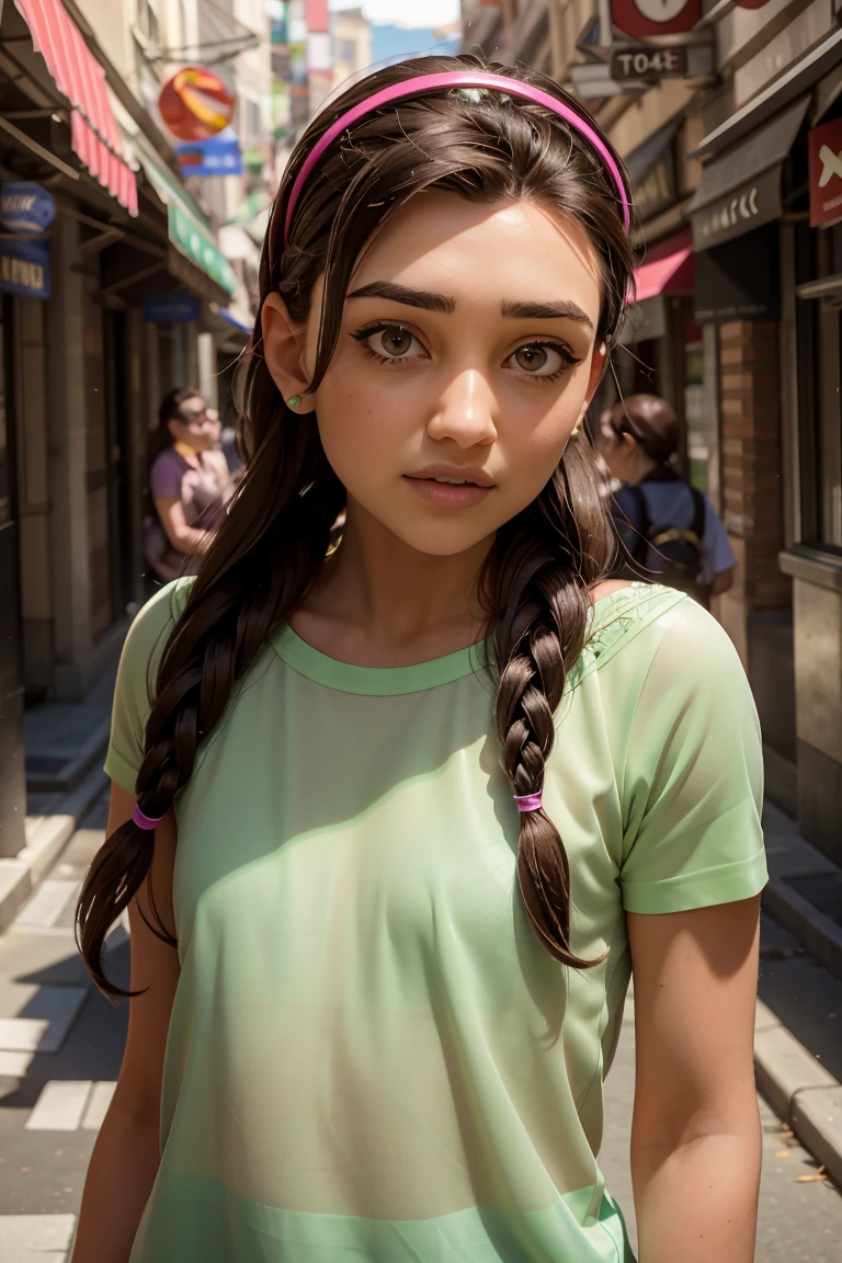 A stunning and intricate full-color portrait., Ultra HD a girl, Brown hair with 2 braids, brown eyes, diadema rosA,  Detailed face, Dressed in a light green t-shirt with embroidery on the collar., in the logos,  epic character composition , albi albi, nina masic,   sharp focus,  natural lighting ,  Subsurface dispersion, F2, 35 mm,,