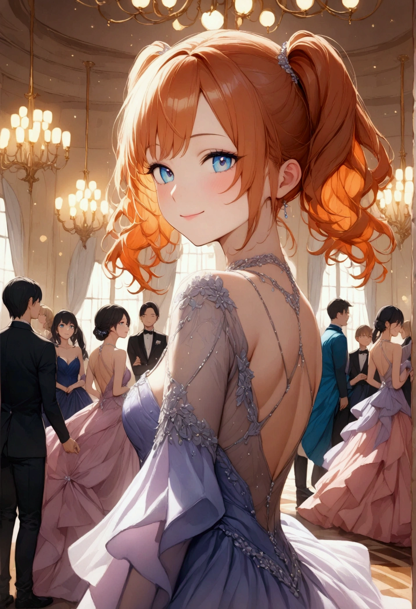  (masterpiece, high detail, photorealistic:1.2), (vibrant colors:1.1), very detailed, perfect face, beautiful face, very detailed face, An anime-style girl with a playful and energetic expression, wearing an elegant, beautiful evening gown. Her gown is luxurious, flowing, and floor-length with delicate embellishments like lace, satin, and sparkling jewels. The color scheme is soft and romantic, featuring pastel shades like lavender, silver, and light pink. Her hair is styled in twin pigtails, with black hair that transitions into vibrant orange-red tips, One of her eyes is bright blue, and she is winking with a mischievous smile, exuding a lively and cheerful vibe. The background features a grand ballroom with beautiful chandeliers hanging from the ceiling, warm golden lighting, and dancers in the distance. Softly glowing lights and vibrant flowers add a magical touch to the romantic atmosphere. The overall style is glamorous, graceful, and enchanting, creating a sense of elegance and charm.
