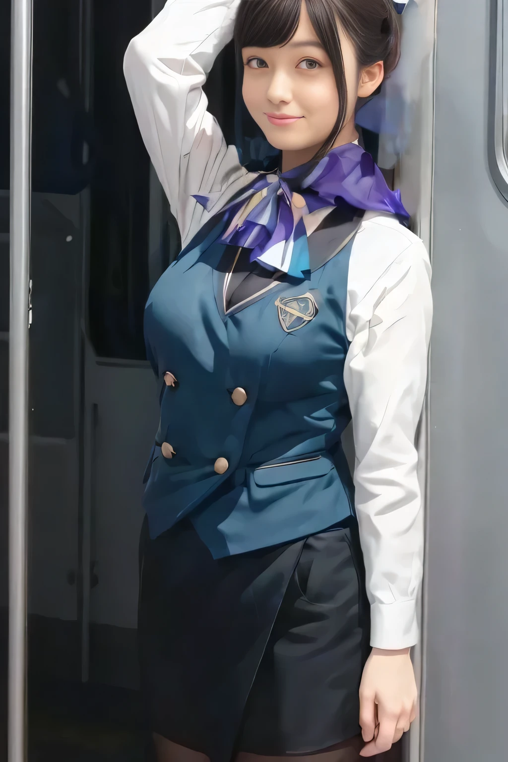 ( masterpiece :1.2,  top quality:1.2), 32kHDR,  kampala, (Alone、  1 girl)、（what 、  Professional Lighting ）、In-flight background、（Nankai Train crew uniformを着たリアルなスタイル）、（（Nankai Train crew uniformのグリーンのベスト））、（（ Nankai train crew uniform collarless white long sleeve blouse）） 、（（Nankai Train crew uniformのキュロットスカート 、 wrap a scarf around your neck ））、  lots of dark brown hair  、（  long hair、Hair tied up、Hair tied up）、  lots of dark brown hair  、 Long Hit 、Big Breasts、Thin legs、（（ Amazing hands ：2.0）），（（ Harmonious physique  ：1.5）），（（Normal limbs：2.0）），（（The usual ：2.0）），（（  delicate eyes ：2.0）），（（Normal eyes：2.0））)、smile、（Nankai Train crew uniformを着た美しい姿）、Hands folded under the body 