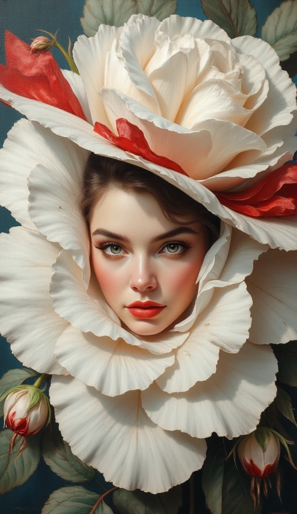 Oil painting on canvas of an exaggeratedly large white rose with large petals, in the center of the rose the face of a beautiful lady with green eyes and soft makeup, red lips, elegant, wearing a large wide-brimmed white hat slightly inclined, the hat has a red bow and red border, the rose also has slight red touches, 3D, uhd