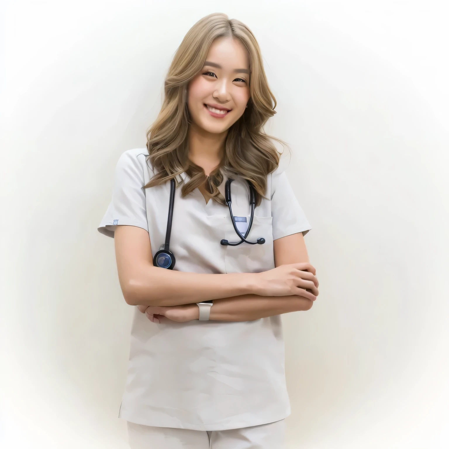 A beautiful 30-something female doctor with a charming smile that reveals a hint of white teeth, doctor woman in a white scrub suit, medical, girl, Stethoscope, doctor,  Health Care Workers , Thai women,  Portrait ,  asian woman, (Best quality, 8k, Masterpiece:1.2), 