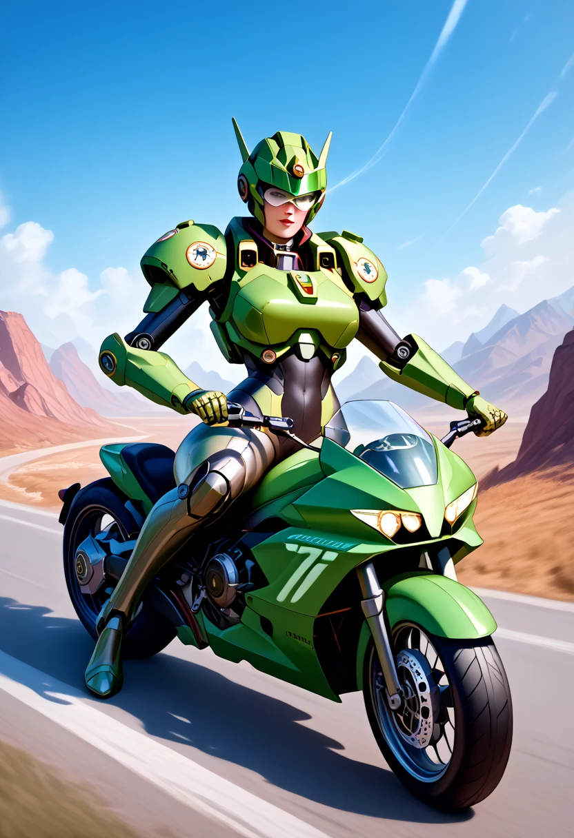 Highest image quality, outstanding details, ultra-high resolution, (realism: 1.4), the best illustration, favor details, highly condensed 1girl, with a delicate and beautiful face, dressed in a black and green mecha, wearing a mecha helmet, holding a directional controller, riding on a motorcycle, the background is a high-tech lighting scene of the future city. surreal illustration, surreal rendering, clean digital rendering, photo realistic rendering, surreal illustration