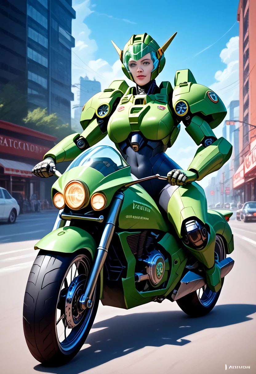 Highest image quality, outstanding details, ultra-high resolution, (realism: 1.4), the best illustration, favor details, highly condensed 1girl, with a delicate and beautiful face, dressed in a black and green mecha, wearing a mecha helmet, holding a directional controller, riding on a motorcycle, the background is a high-tech lighting scene of the future city. surreal illustration, surreal rendering, clean digital rendering, photo realistic rendering, surreal illustration