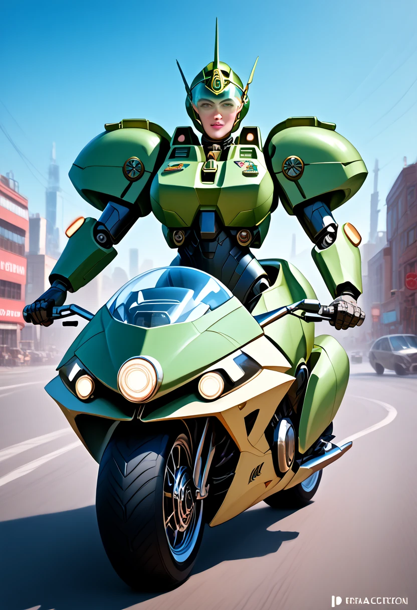 Highest image quality, outstanding details, ultra-high resolution, (realism: 1.4), the best illustration, favor details, highly condensed 1girl, with a delicate and beautiful face, dressed in a black and green mecha, wearing a mecha helmet, holding a directional controller, riding on a motorcycle, the background is a high-tech lighting scene of the future city. surreal illustration, surreal rendering, clean digital rendering, photo realistic rendering, surreal illustration