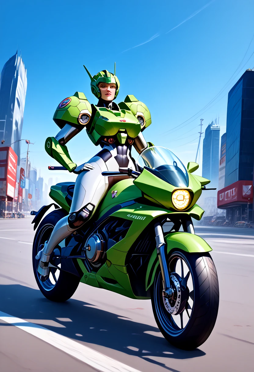 Highest image quality, outstanding details, ultra-high resolution, (realism: 1.4), the best illustration, favor details, highly condensed 1girl, with a delicate and beautiful face, dressed in a black and green mecha, wearing a mecha helmet, holding a directional controller, riding on a motorcycle, the background is a high-tech lighting scene of the future city. surreal illustration, surreal rendering, clean digital rendering, photo realistic rendering, surreal illustration