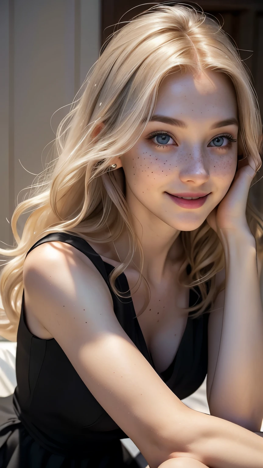 Rosto de uma mulher, americana, 25 anos, pale skin and freckles, olhos cinzas, nariz delicado, soft and delicate lips, cabelo blondie cinza longo ondulado, sorriso meigo