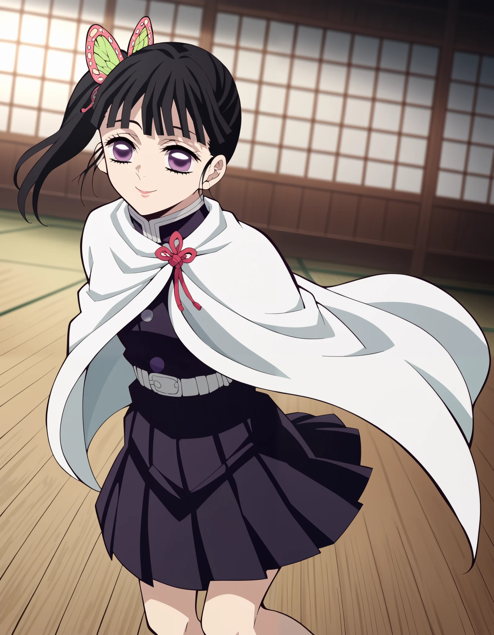 score_9, score_8_superior, score_7_superior, sauce_anime,
Kanaotsuyuri, Kanao Tsuyuri, Black Hair, butterfly, butterfly hair ornament, Purple eyes, side ponytail, ponytail,
black skirt, Cape, Demon Slayer uniform, Long sleeve, pleated skirt, skirt, white Cape,
indoor, dojo, I had already finished, smile,
alone, Dutch Angle, View your viewers, Cowboy Shot,