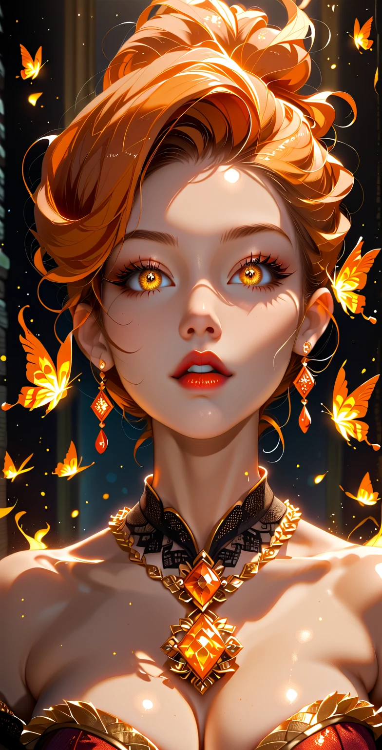 Full body portrait, This is a realistic full body portrait fantasy artwork prominently featuring realistic fire, including wisps of flames, glowing hot embers, subtle curls of smoke, and a beautiful fire druid. The druid stands in the midst of a raging inferno with an interesting composition. Her face is expertly sculpted, with elegant and refined features and perfect shading and realistic skin texture. Her (orange and gold eyes) are stunning (Her eyes extremely detailed, beautiful detailed eyes, and macro). Her eyes feature intricate detailing with clearly defined irises and bright sclera. Her soft lips are smooth and very puffy, and her skin is adorned with a light flush and ornate fire detailing. Her long gown is stunning and expensive, and is made of pure flames and glittering, ornate jewels that glimmer in the fire light. Her billowing gown glitters from the flames and features a delicately and intricately embroidered bodice with wisps of flames running across it. Include fantasy elements like bumps, stones, fiery iridescence, glowing embers, silk, and an interesting background. Include fiery magical creatures such as fiery birds and fiery butterflies that give off a magical and mystical aura. Lighting: Utilize the latest trends in lighting to enhance the artwork's beauty. Camera: Utilize dynamic composition to create a sense of urgency and excitement. Take inspiration from the current masters of the fantasy genre, including trending artists on Artstation and Midjourney. ((masterpiece))