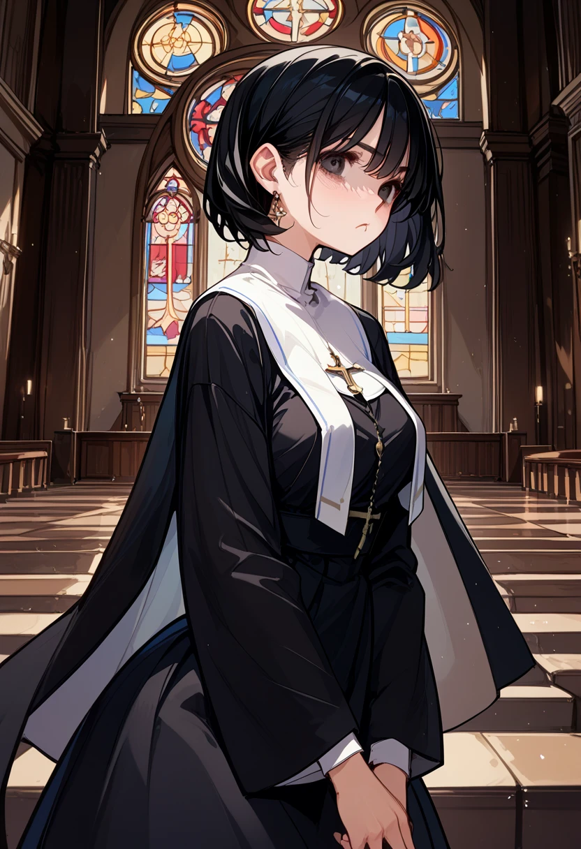 masterpiece, best quality, 1girl,solo,Athena97,10 years old, (flat chest), Monastic Clothes, church, full body,