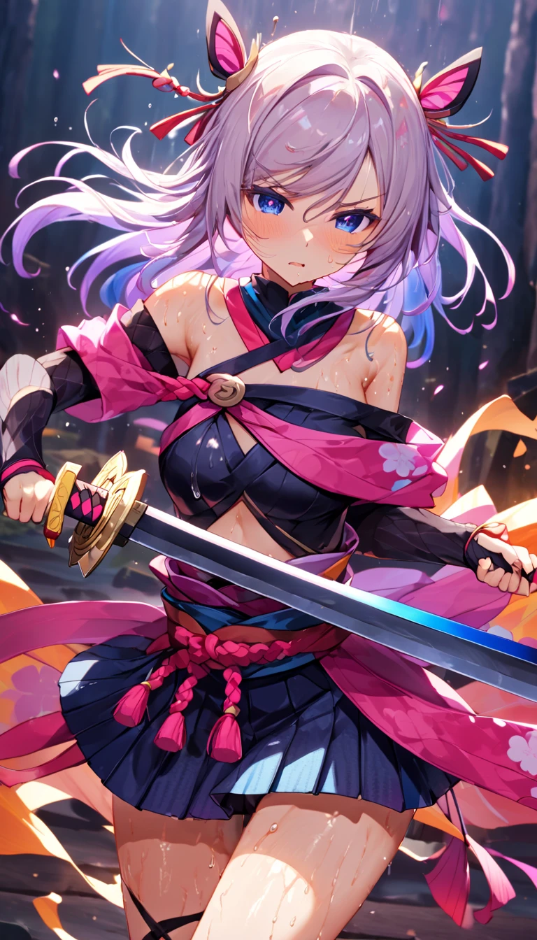 A fantastical scene featuring a beautiful Japanese kunoichi dressed in a lightweight ninja outfit (random colors), with an off-shoulder design and a mini-skirt (random colors). She has realistic skin texture, with brown or silver hair, exuding a combination of cute and glamorous beauty. Her sweaty appearance, with visible flowing sweat, adds to the dynamic atmosphere as she swings a Japanese sword. The scene captures her in a full-body shot, with her outfit and hair blowing in the wind, creating a vivid and captivating image.