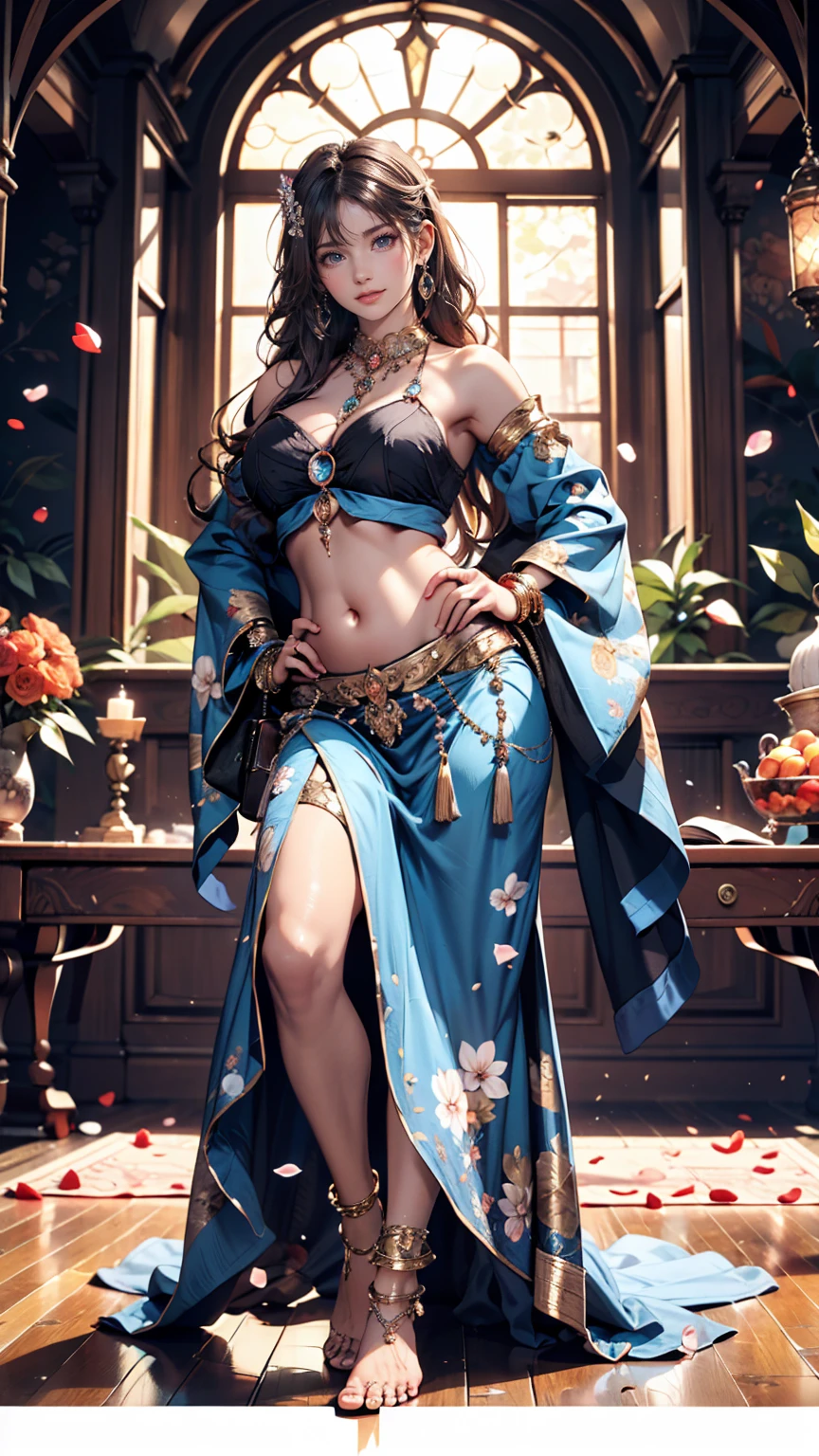Aladdin and Jasmine in the Magic Lamp、24-year-old female、Black Hair、long hair、Straight Hair、Iris、Clear white skin、Sexy proportions、Sexy body type、Narrow waist、Darklet、necklace、Bikini top with lace embellishment、See-through harem pants、Sandals、Inside an Arabian palace、smile