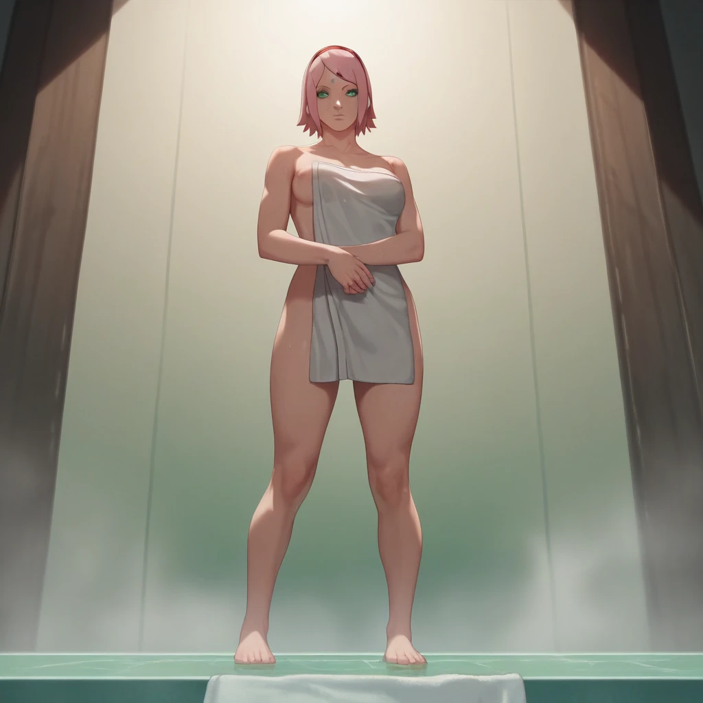 masterpiece, best quality,sharpest,absurd ,1 Girl, Sakura Haruno,Forehead Mark, Red hair band,, bracelet, Looking at the audience, Smile,, Medium to large breasts,Standing in the bathroom,Hands compared to love,Open leather jacket,Bikini,shiny skin,Full body in camera,Sweat all over the body
