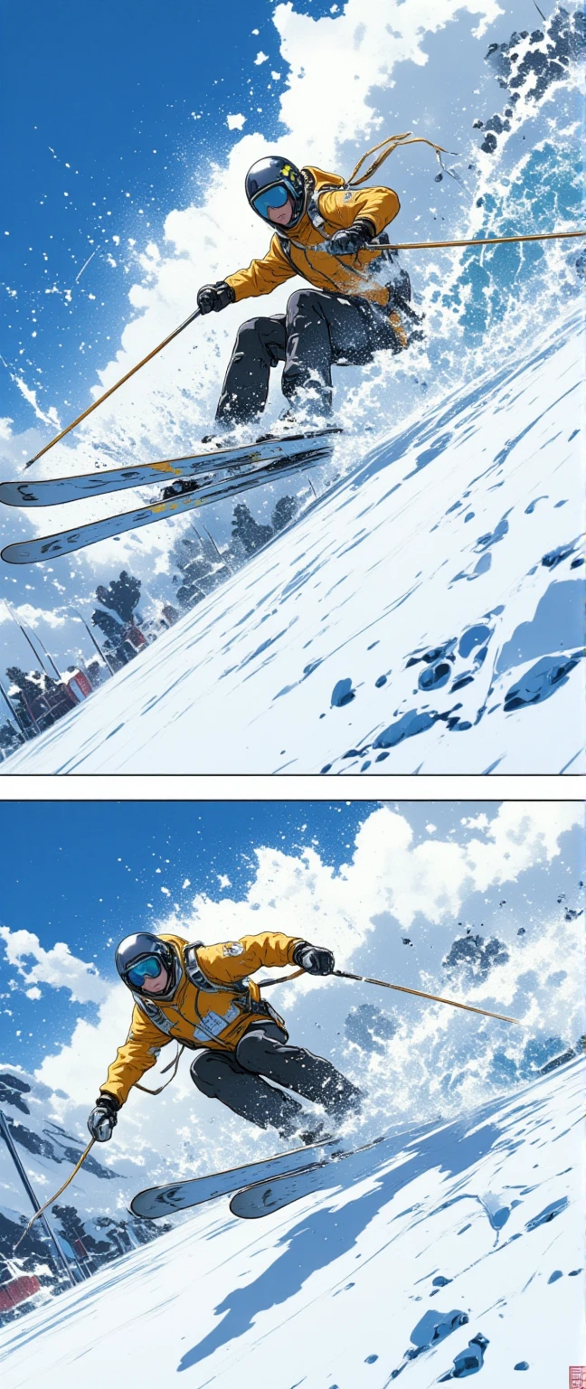 2comic panels, dynamic Ski Sprint scene, jump in the air, snow splash, motion blur, beautiful, realistic, close up shot from below.stylish,cool,speedy,high speed,Hong Kong action cinema style