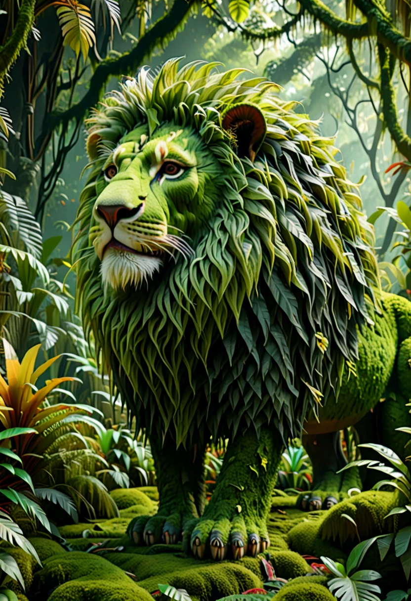 a moss-covered lion in the jungle, birds flying nearby, eco-aesthetic, detailed foliage, lush vegetation, natural lighting, vibrant colors, photorealistic, 8k, highly detailed