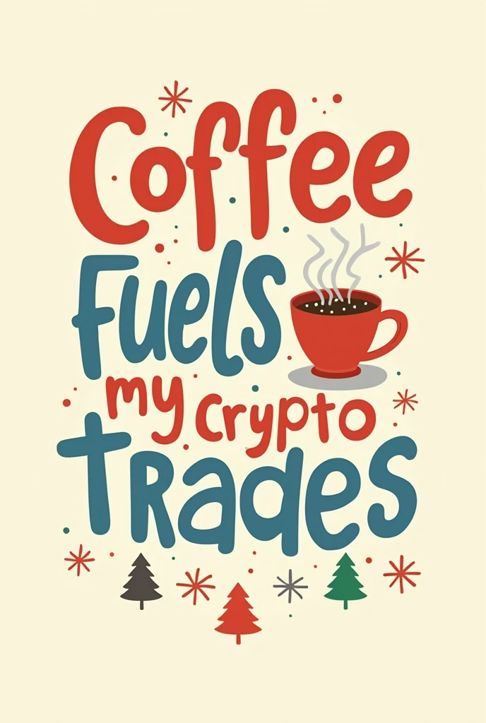 a cream colored with a festive background. 
The phrase ''Coffee fuels my crypto trades'' is prominently displayed in bold playful fonts : The words ''Coffee'' and '' crypto trades'' are in red while ''fuels my'' are in blue base. Te design is adorned with small holiday-themed elements: orange snoflakes and green pine trees at the bottom.