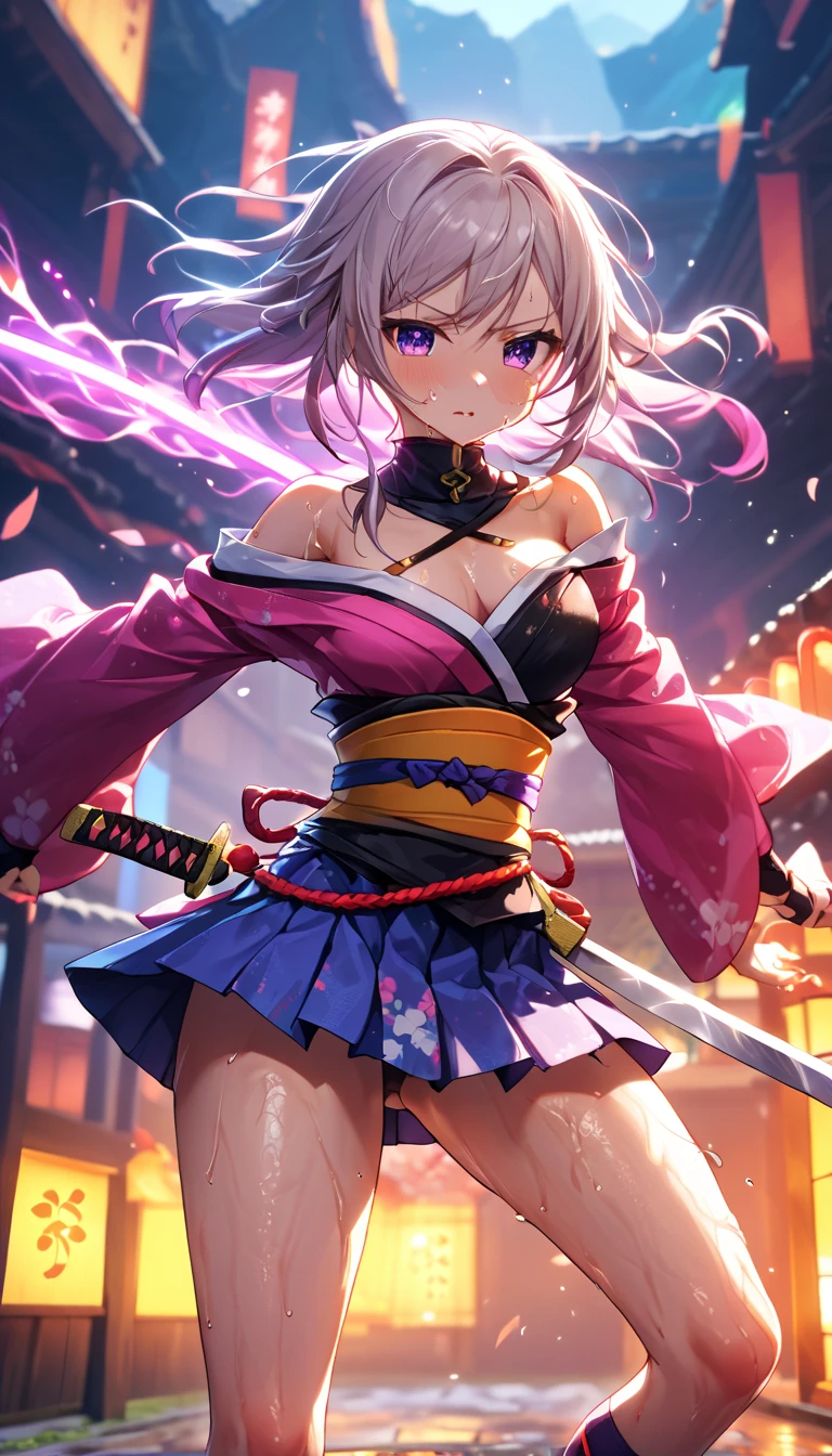 A fantastical scene featuring a beautiful Japanese kunoichi dressed in a lightweight ninja outfit (random colors), with an off-shoulder design and a mini-skirt (random colors). She has realistic skin texture, with brown or silver hair, exuding a combination of cute and glamorous beauty. Her sweaty appearance, with visible flowing sweat, adds to the dynamic atmosphere as she swings a Japanese sword. The scene captures her in a full-body shot, with her outfit and hair blowing in the wind, creating a vivid and captivating image.