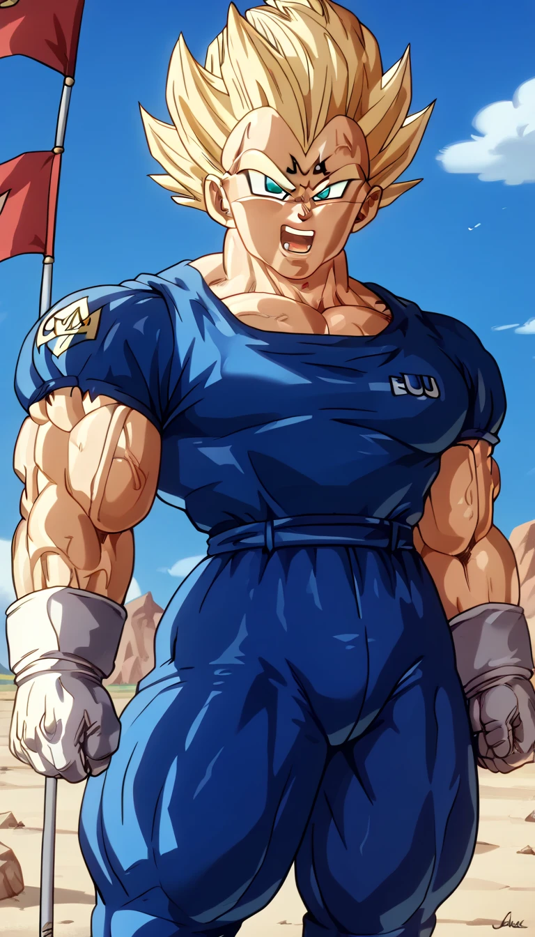  top quality,Anatomical, Big Muscles ,Demon Body,gigantic penis,Chibi, glossy skin, pubic skin,vegeta, unique dark blue outfit, white gloves, white boots, blonde hair, blue eyes,Showing off his penis,((((Combat Uniform,Warrior race)))),Writhing in agony,Open your big mouth and look diagonally upward,Release the qi ,veins,Scream,