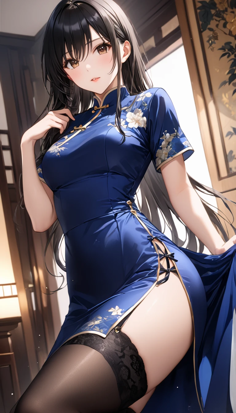   top quality、   Unity 8K Wallpaper 、32K、masterpiece、  very detailed、   super high resolution 、  very detailedな顔、  RAW photos 、 professional、Ultra-detailed painting、 Female 1 person 、 Shiny Navy Blue Long China Dress,  Shiny Silk Fabric with Slits 、、  black hair、  brown eyes 、  long hair、、  stockings、  garter belt、 Blue Stiletto Heels  、Peek Into the Slit 、 ガーター stockings