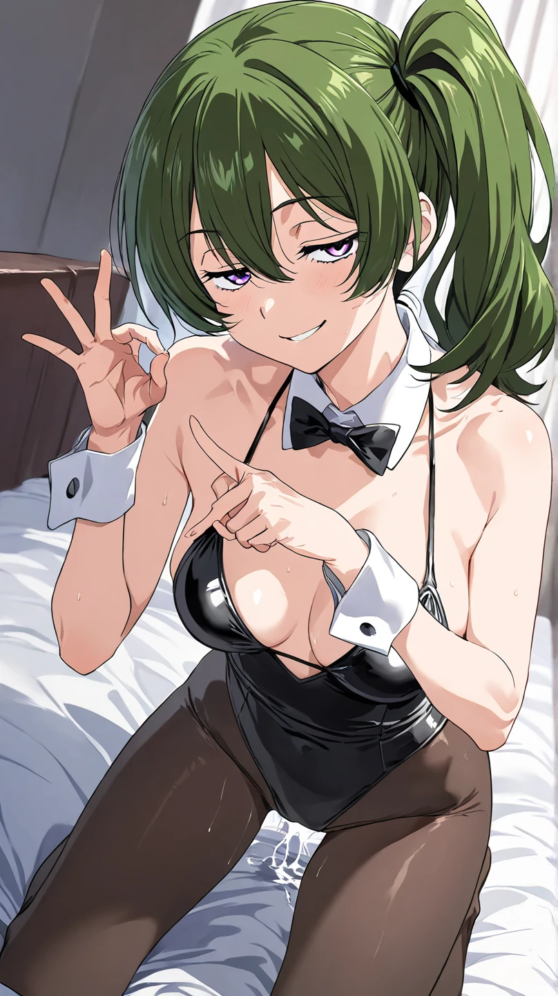 score_9, score_8_up, score_7_up, source_anime, expressiveh, 1girl, ubel, medium hair, hair between eyes, green hair, side ponytail, (purple eyes:1), half-closed eyes, medium breasts, black bikini, leotard, detached collar, wrist cuffs, pantyhose, looking at viewer, seductive smile, kneeling on bed, ((penetration gesture)), sexually suggestive, ok sign, pointing, cowboy shot, dutch angle, bedroom