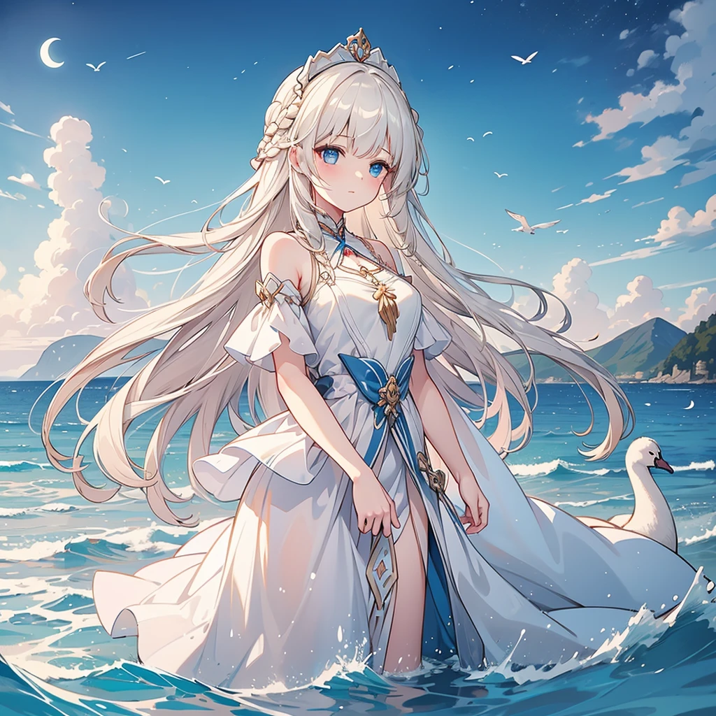 A girl emerged from the sea, The Swan Princess of Russian Mythology, Beautiful calm face, blue eyes, Long blonde hair braided, The moon is woven into the hair at the back of the head., Old Russian shiny white clothes, On her head is a kokoshnik crown, Affectionate look, Half-laugh, There was a gentle look on his face, Background seascape and sunlight, Seagulls in the sky, full length, Photorealism