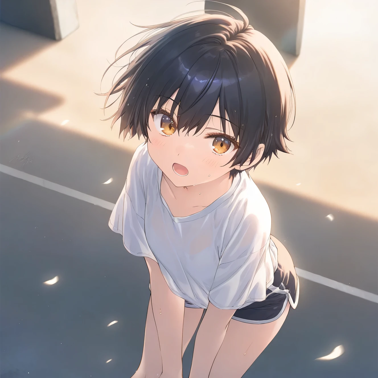 1girl, female, tomboy, flat chest, sweat, shorts,beautiful detailed eyes,open mouth, outdoors,wind, game CG, break,(artist:mitsumi_misato),artist:fujiyama,artist:aquaplus, break,(masterpiece), (best quality), (ultra-detailed),(Detailed Lighting), very aesthetic, newest, beauty illustration,super detailed skin, (masterpiece), (best quality), (ultra-detailed), very aesthetic lighting,newest ,hi res,absurd_res,shiny skin,2023, shaded,digital media (artwork), realistic lighting, 16k, 8k,highres, source_anime, official_art, photoshop_(medium)
