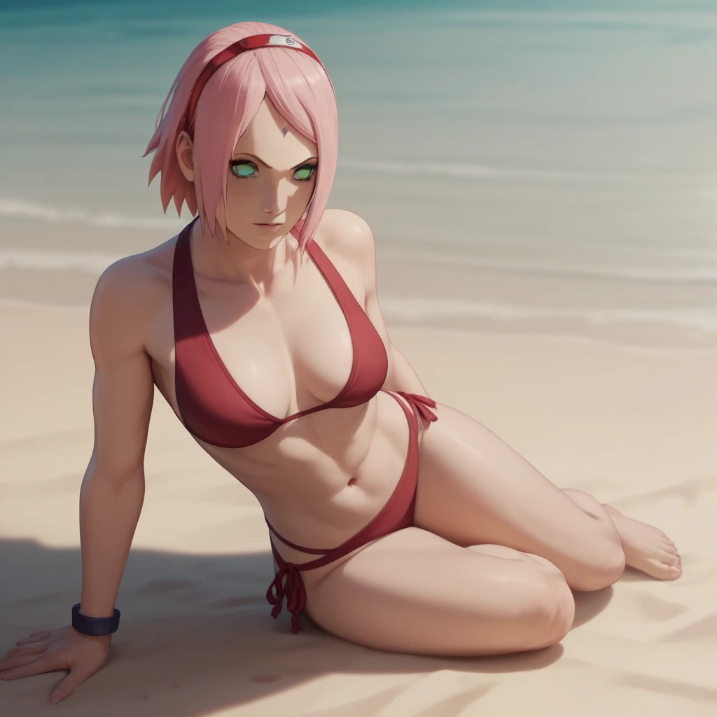 Masterpiece,Solo,1girl,Sakura Haruno,(Boruto),Big Breasts,Perfect Body,Sexy Body Hot,High Quality,High Resolution,Photograph 16K,Ultra Detailed,Short Hair,Hairband,Beautiful,Beautiful Girl,Mini Bra And Panties,Beach Background