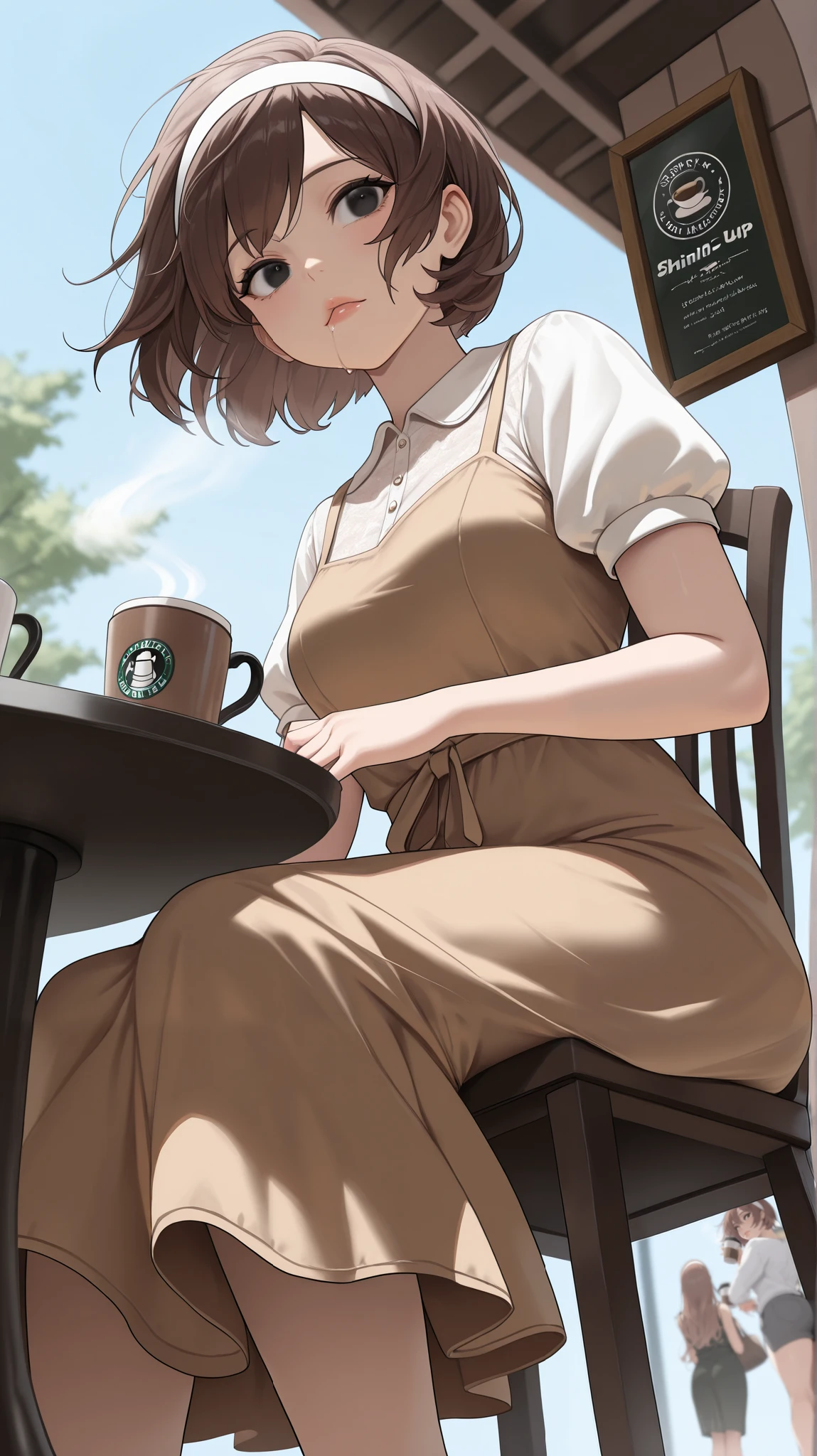 1girl,(masterpiece:1.3),absurd,high resolution,(high resolution), (8K),(extremely detailed),(4k),(pixiv), Perfect face,(detailed eyes) (best quality), (super detailed),(only),(dress:1.3) perfect body, coffee shop (detailed) (day), (shining stars) short hair, levitating hair, (wind1.3),drool, lips apart, casual dress, padded, view from below, natural light, outdoors, sitting in a chair.


Brown hair, black eyes, dress, dark blue, white headband, sitting in a chair drinking coffee.
