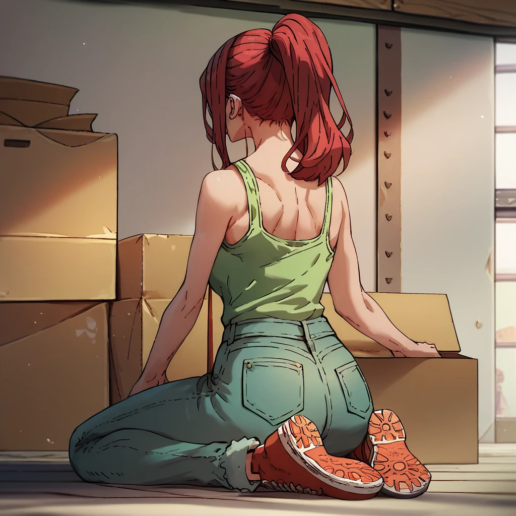 lisa ,(full body in view) , 1 girl, solo, red hair, ponytail, long hair, large medium chest, indoors, orange eyes,(green top), ((rear view)),  jeans, (bare shoulders), completely white background,((climbs onto the box))