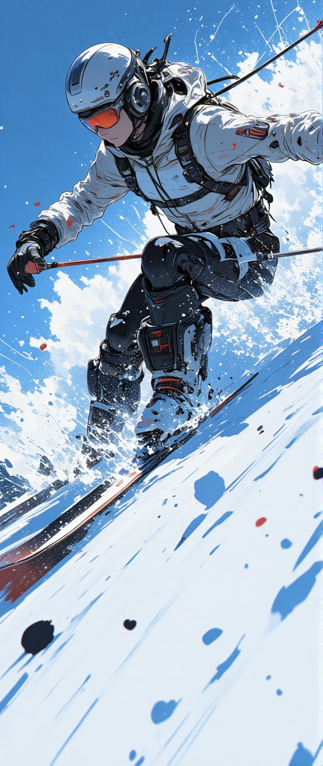 2comic panels, dynamic Ski Sprint scene, jump in the air, snow splash, motion blur, beautiful, realistic, close up shot from below.stylish,cool,speedy,high speed,face shown