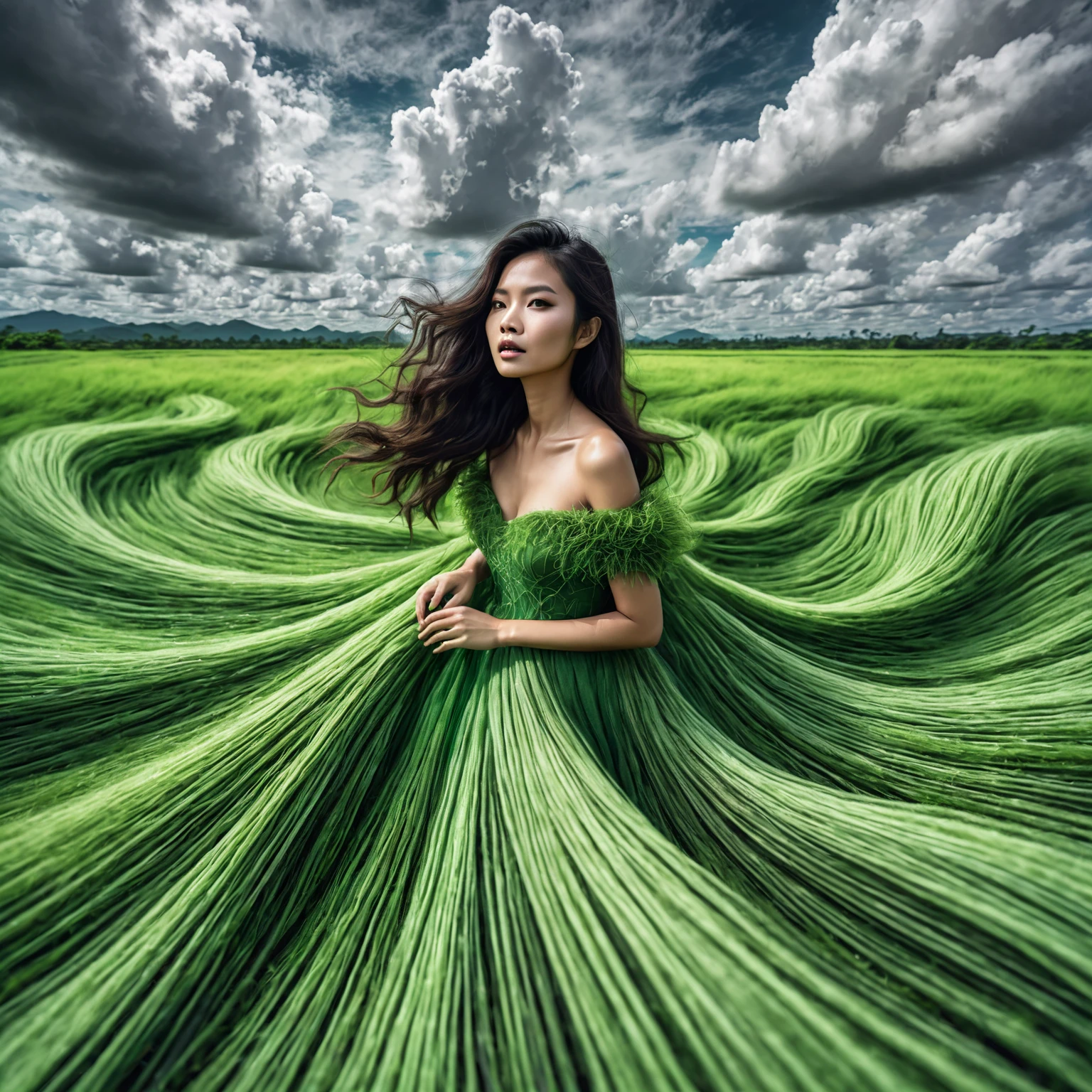 An exaggerated photography of a young Thai woman with long green dress and flowing hair stands in the middle of a vast green field, with dramatic speed ramp cloudy sky in the background. The dress appears to be made of grass or moss, blending seamlessly with the landscape, interact with the enviroment, Close-up shot, vibrant, photorealistic, ultra high definition, 32K.