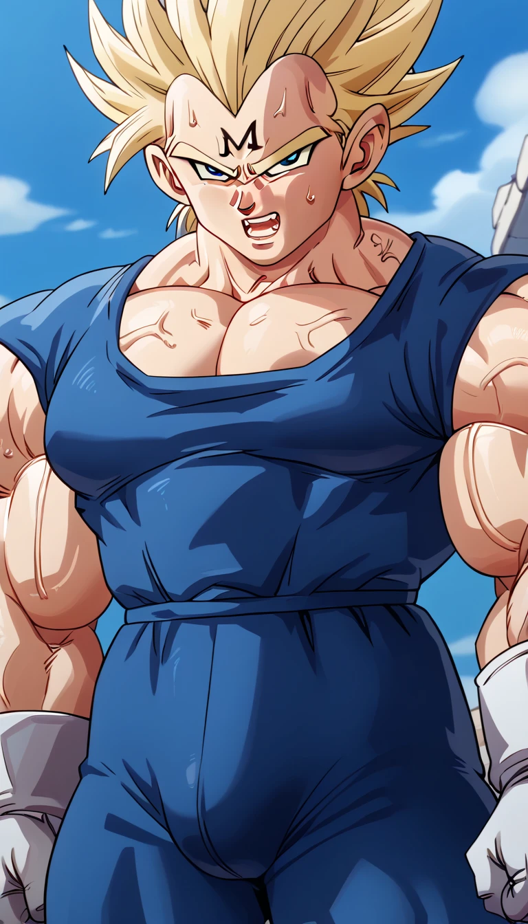  top quality,Anatomical, Big Muscles ,Demon Body,gigantic penis,Chibi, glossy skin, pubic skin,vegeta, unique dark blue outfit, white gloves, white boots, blonde hair, blue eyes,Showing off his penis,Combat Uniform,Warrior race,Writhing in agony, Open your big mouth and look diagonally upward,Release the qi ,veins,Scream,