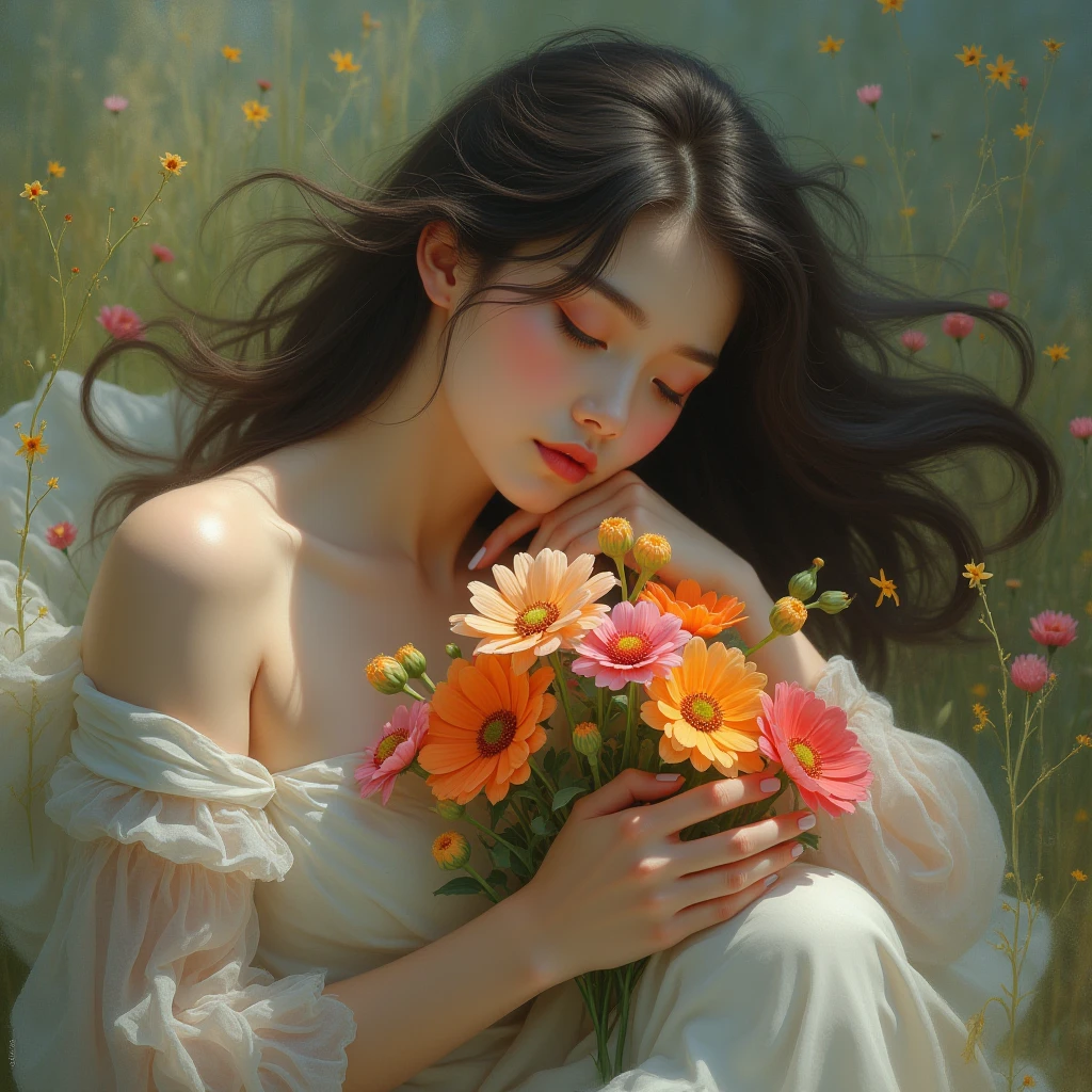 (oil painting:1.5), \\ a woman with long black hair and white flowers in her hair is laying down in a field of white flowers, wearing a long flowy dressed, fully covered body, (amy sol:0.248), (stanley artgerm lau:0.106), (a detailed painting:0.353), (gothic art:0.106)