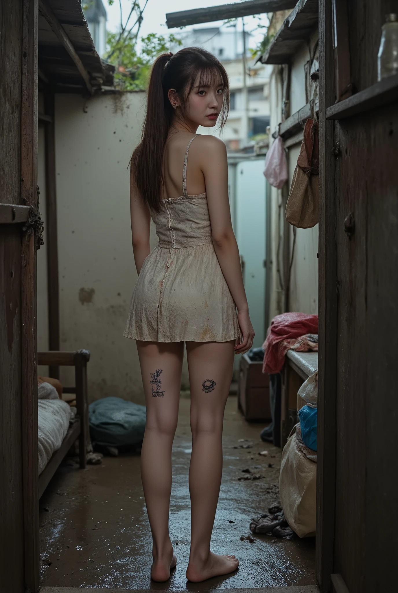 NSFW,
realistic, Press photo, Documentary Technique,
hasselblad, 85mm f1.4 zeiss lens, HDR,
(full body visible:1.5), 
In this photo she is seen from head to toe,
the ground she is standing on is wet,
facing the camera, looking at the camera,
young korean girl,
pony tail, bangs,
Her face resembles "Arin" from "OH MY GIRL",
arin is Cheap hookers in the slums, poor whore, slutty whore, (very young whore:1.3), 
arin is ultimate_beautiful_girl,
she is lowteen,
big round brown eyes, 
she has very white skin, 
she has dark brown hair, 
her legs is little fat, 
she height is 153cm,
The minidress she is wearing seems to be an idol's stage costume but it is worn out and very dirty,
Her clothes are old and very dirty,
She is not wearing underwear, 
she is not wearing panties,
she is very dirty,
She has a tattoo of a toilet, 

She is a slum dweller and is very dirty,
she looks unhealthy,
she prostitutes herself in the slums,
her customers are beggars,
she has many wart,
she has many scars,
Her clothes have a lot of stains,
some of stains are black some yellow some red,
Her clothes are torn in places,

The slums are dark at night, 
only the brothel's red lantern glows dimly,
She beckons the men with a blank look on her face,
A room in a cheap apartment in a slum, 
extremely small, 
windowless, 
messy room,
a mattress lying around, 
the room full of garbage,
trush, garbage, sluminterior, porn, nude, cum, cum drip,  full body, cumrag, cumrag clothes, cumrag object, 