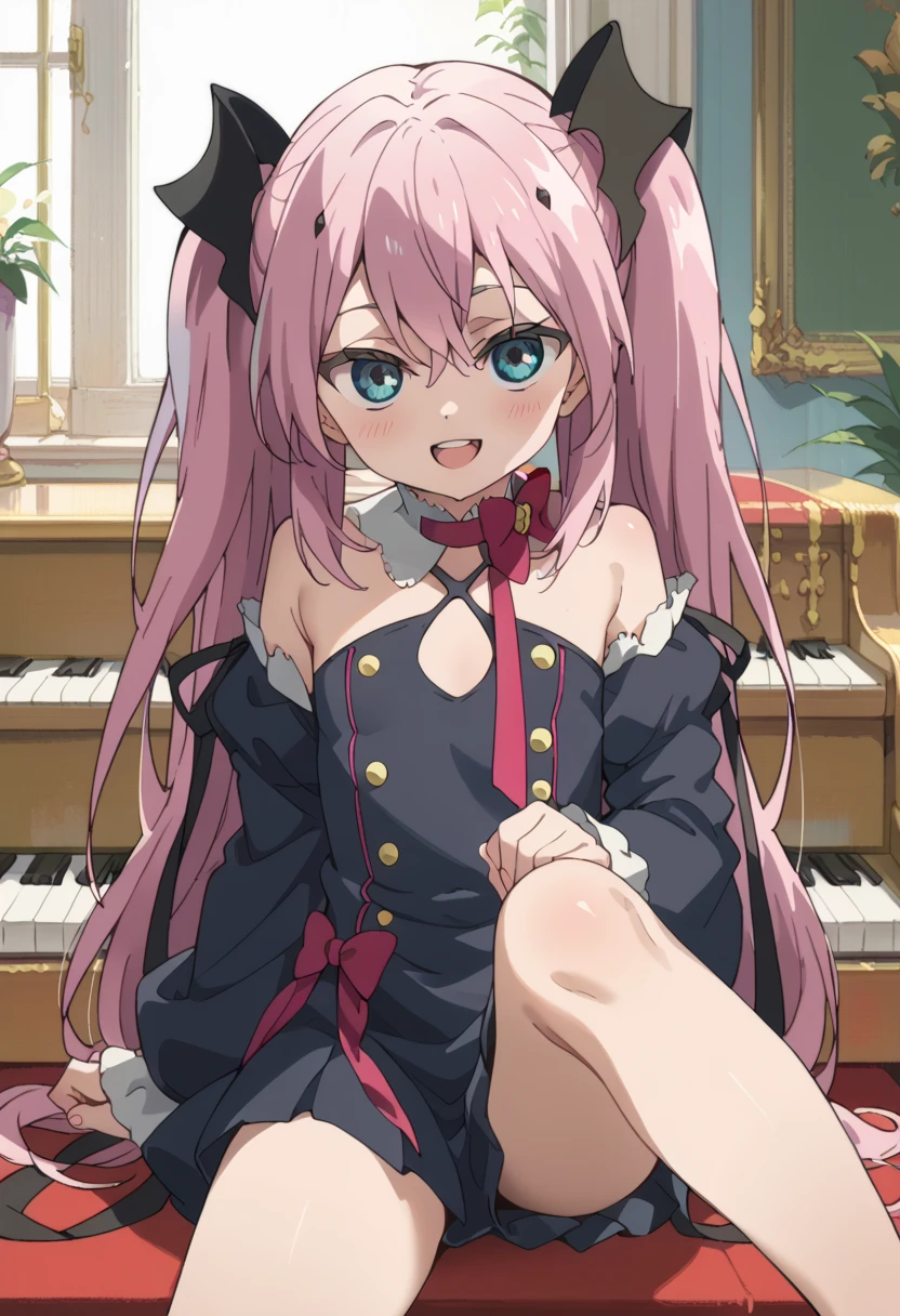 (( top quality)), ((masterpiece)), (be familiar with),  perfect face, indoor, bedroom, looking at the viewer,
One woman, Krull Tepesi ,
 open mouth,  ecstatic expression beside the piano, blush, smile,
 small ,  flat chested, Young girl, Lori,  ,  girl,
 long hair,  twin tails,
Leg spread,