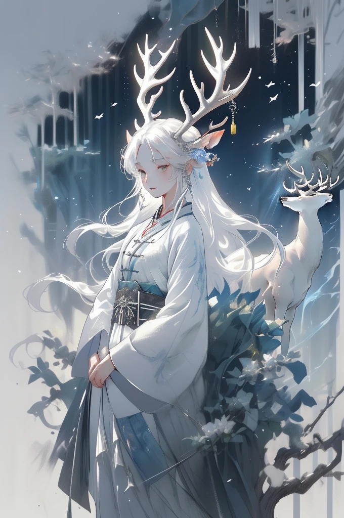 1girll,Chinese clothing,flower,Masterpiece,Best quality,Ultra-detailed,deers,White hair,White clothes,water,Moon,deers,