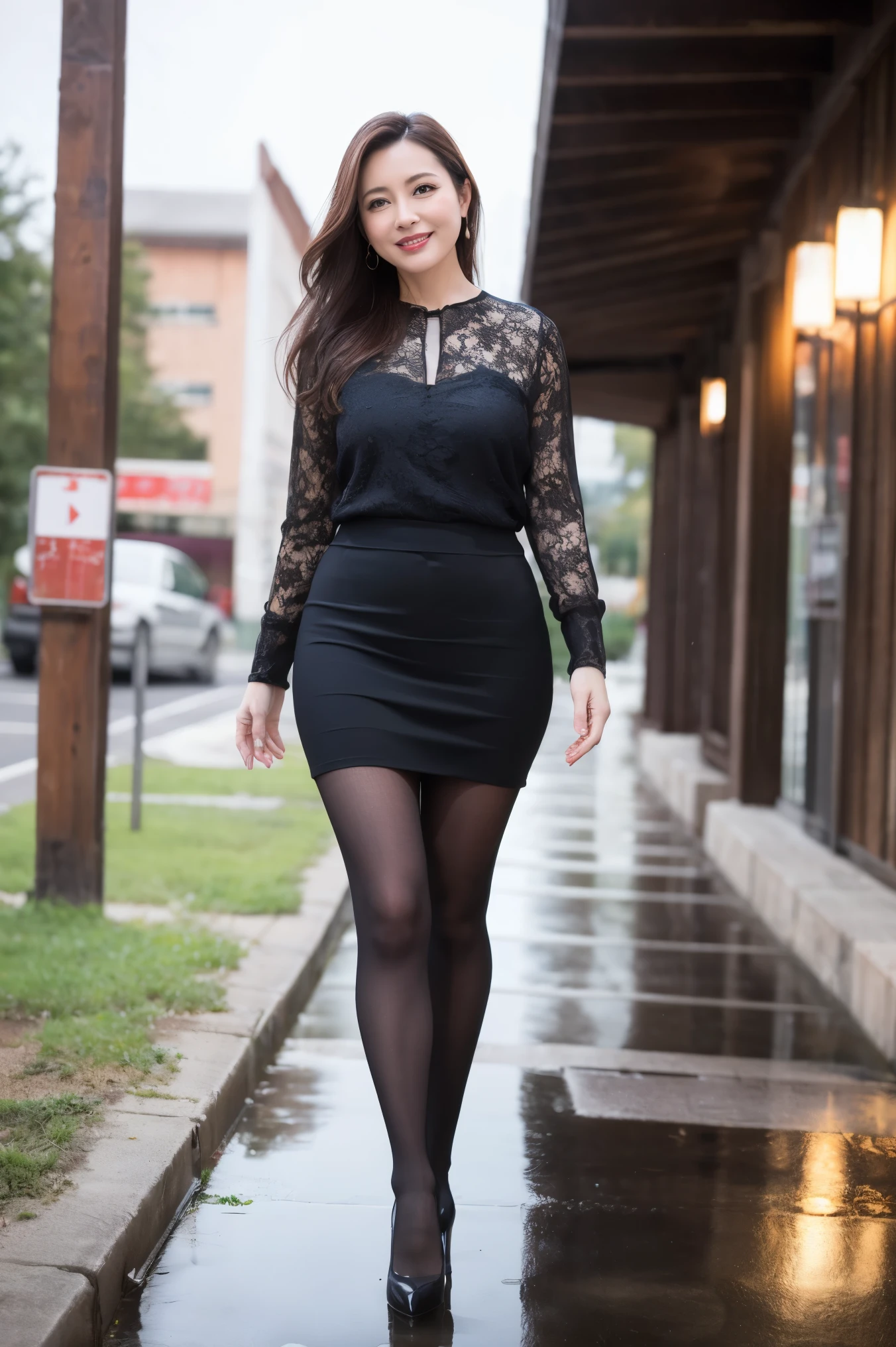 top quality, masterpiece, realistic , high definition , 8k RAW photo,Alone, One Girl , Cute beautiful mature woman、43 years old、 Standing 、smile、 Business Skirt、 Ultra Realistic Pantyhose 、Wet inner thighs、 spread your legs 、 high heels