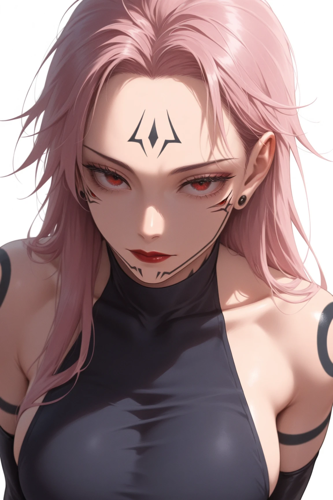 masterpiece,best quality,amazing quality,ryoumen sukuna \(jujutsu kaisen\), 1girl, arm tattoo, bare shoulders, black gloves, body markings, breasts, chest tattoo, closed mouth, collarbone, dress, earrings, elbow gloves, eyelashes, facial mark, forehead mark, genderswap, genderswap \(mtf\), gloves, halterneck, jewelry, large breasts, lipstick, long hair, looking at viewer, makeup, pink hair, red eyes, red lips, shoulder tattoo, simple background, sleeveless, sleeveless dress, solo, tattoo, white background