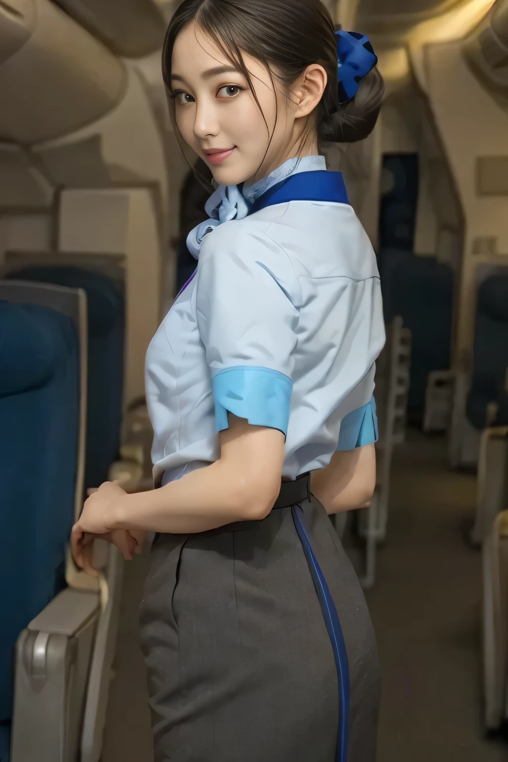 (masterpiece:1.2, top quality:1.2), 32kHDR, high definition 。 perfect for loosely aligning legs , (alone、 1 girl)、( Rooftop of a building during the day 、 Professional Writing )、 In the background of a building roof 、(Real style wearing ANA cabincrew uniform blue )、((ANA cabincrew uniform blue short sleeve blouse 、 ANA cabincrew uniform blue skirt with blue lines on the back、 wrap a scarf around your neck ))、 lots of dark brown hair 、( long hair、Hair tied up、Hair tied up, braid summary hair )、 lots of dark brown hair 、Long Hit、Big Breasts、Thin legs、(( Amazing hands :2.0)),(( 。 physique in harmony with the roof of a building 。 :1.5)),((Normal limb:2.0)),((Normal :2.0)),(( delicate eyes:2.0)),((Normal goal :2.0)))、 has a smiling face 、( beautiful back showing ANA cabincrew uniform blue )、 with hands folded under the body