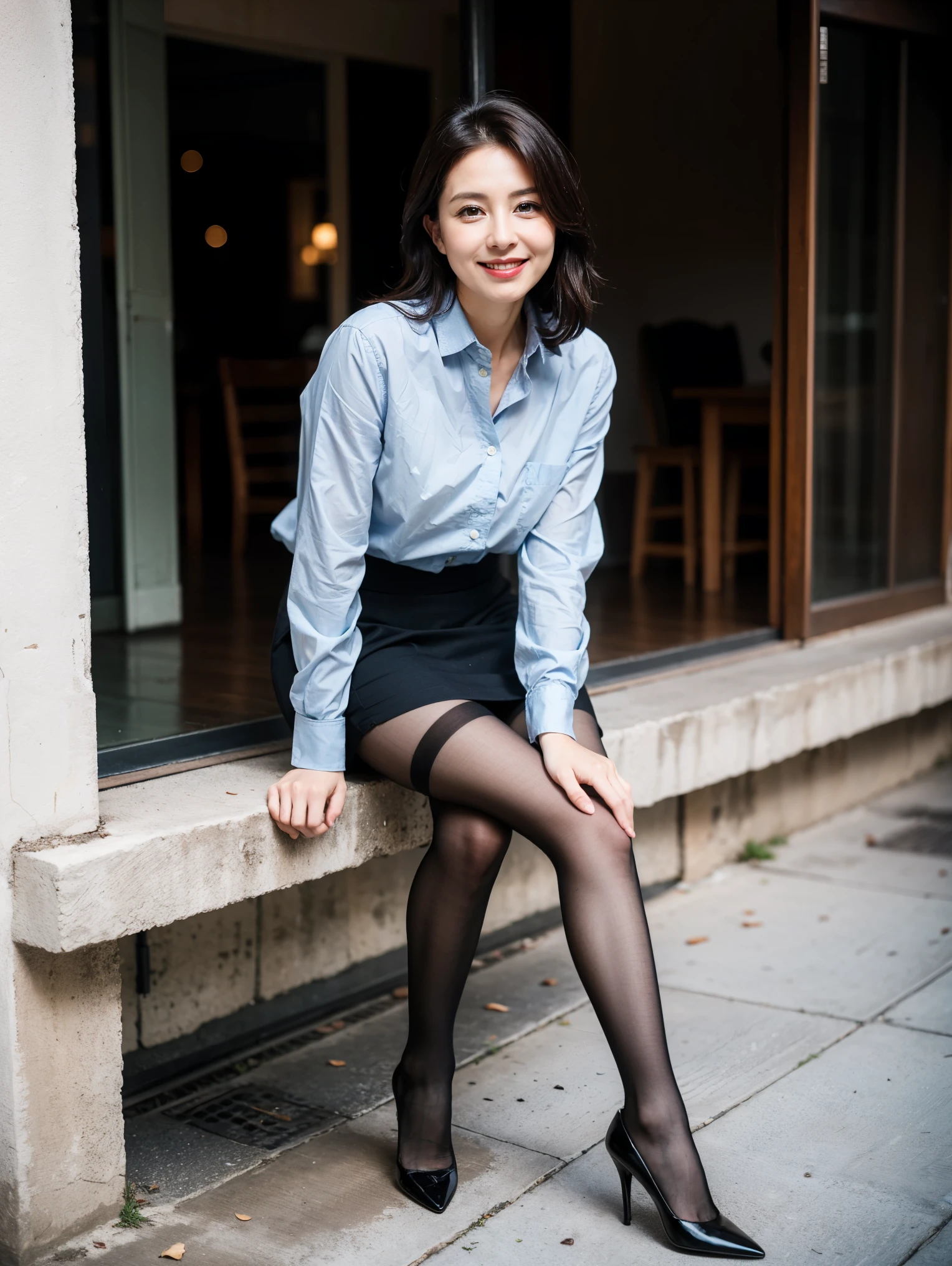 top quality, masterpiece, realistic , high definition , 8k RAW photo,Alone, One Girl , Cute beautiful mature woman、43 years old、 Standing 、smile、 Business Skirt、 Ultra Realistic Pantyhose 、Wet inner thighs、 spread your legs 、 high heels