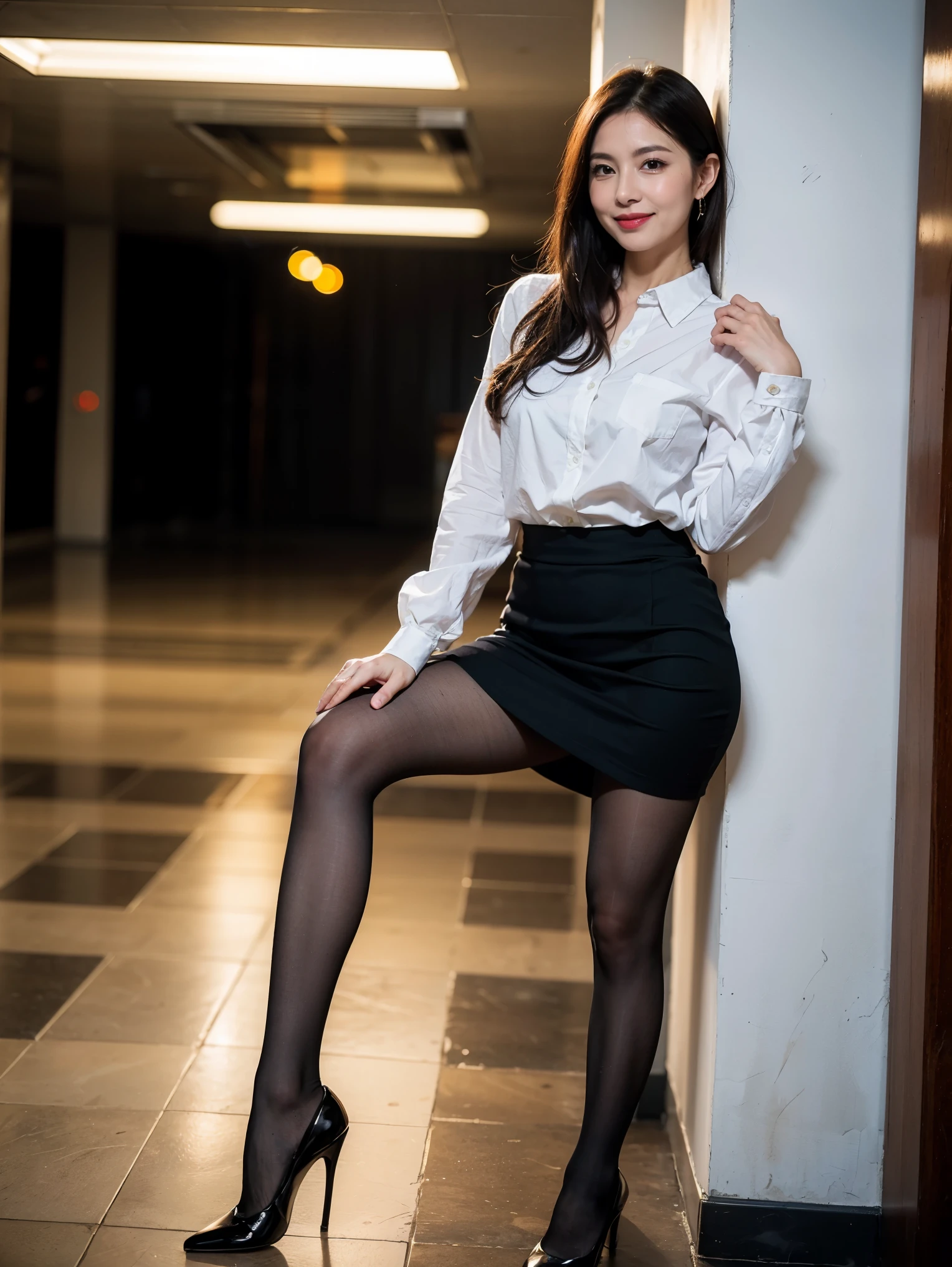 top quality, masterpiece, realistic , high definition , 8k RAW photo,Alone, One Girl , Cute beautiful mature woman、43 years old、 Standing 、smile、 Business Skirt、 Ultra Realistic Pantyhose 、Wet inner thighs、 spread your legs 、 high heels