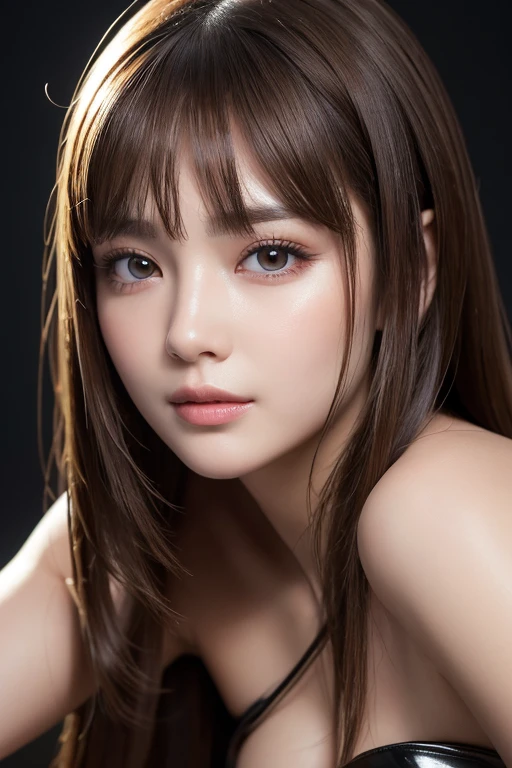 Realistic、(masterpiece、Highest quality、Highest quality、Official Art、beautifully、aesthetic:1.2)、Symmetrical face，Very detailed、woman，日本人woman，colorful、The finest details、Tangled、(The background is bright and abstract:1.5)、Bright Eyes、Back to all、Masseter region，High resolution，Idol、clavicle、photograph、movie、Eyes from below，Long Hair，View your audience、Cleavage，Puffy eyes，sit