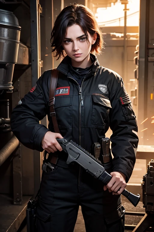  She is a battle-hardened mechanic, wearing a rugged black work suit with red accents. Her outfit features practical tool belts, patches from various factions, and faint scorch marks, showing years of hands-on experience. Jude has short, messy hair and a tough, no-nonsense expression. She is holding a futuristic wrench and standing in a gritty spaceship repair bay, with sparks flying and machinery humming in the background.”