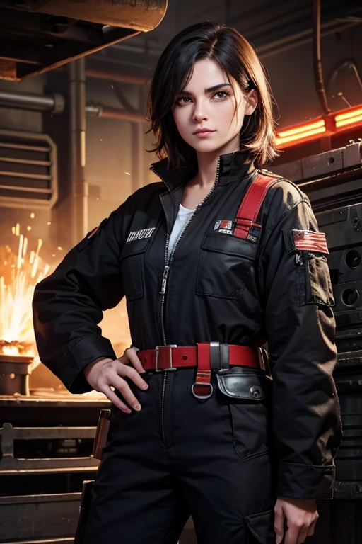  She is a battle-hardened mechanic, wearing a rugged black work suit with red accents. Her outfit features practical tool belts, patches from various factions, and faint scorch marks, showing years of hands-on experience. Jude has short, messy hair and a tough, no-nonsense expression. She is holding a futuristic wrench and standing in a gritty spaceship repair bay, with sparks flying and machinery humming in the background.”